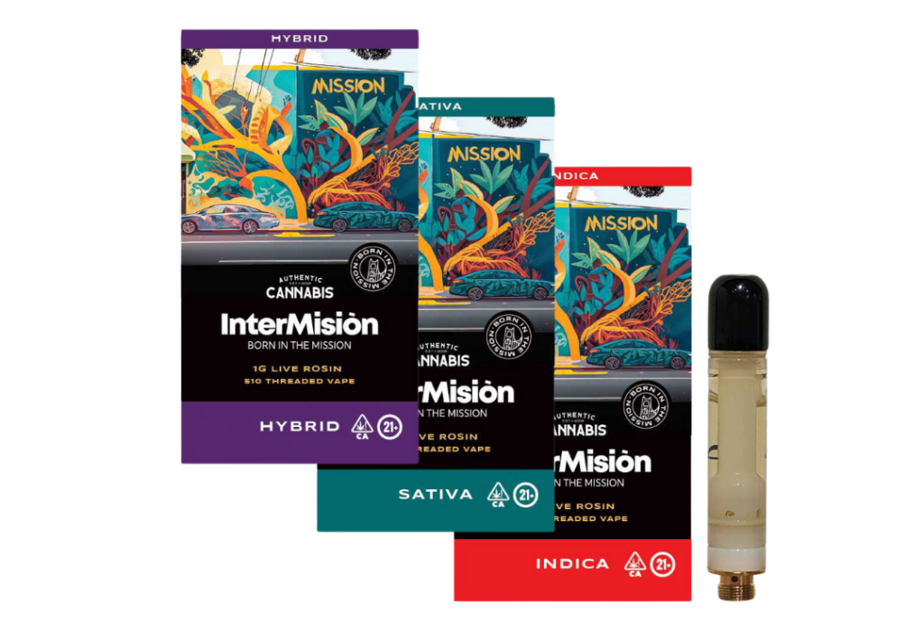 image of InterMision 1g live rosin vape cartridges sold at MediThrive in San Francisco, California, in the Mission District