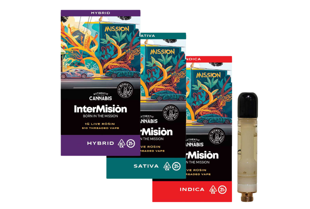 image of InterMision 1g live rosin vape cartridges sold at MediThrive in San Francisco, California, in the Mission District
