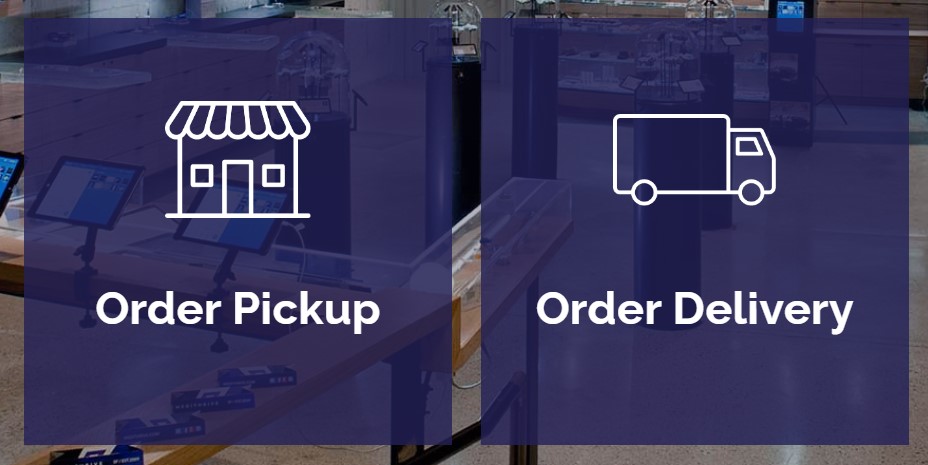 image of cannabis order pickup and order delivery buttons on MediThrive's cannabis dispensary and delivery service homepage