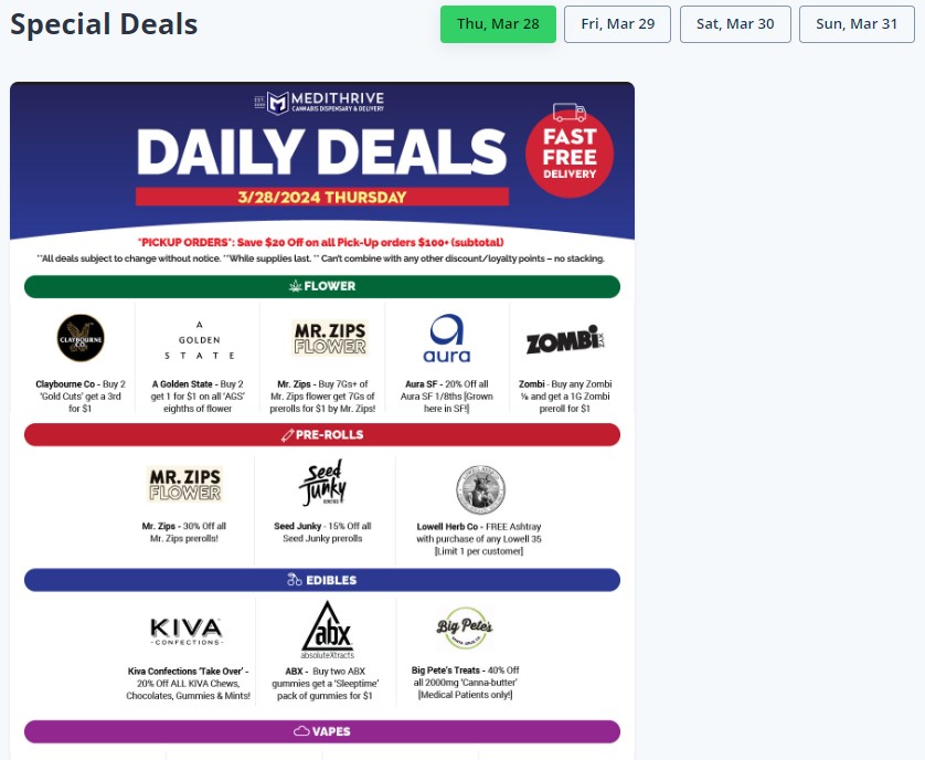image of Daily Deals page with cannabis products on sale in San Francisco, California